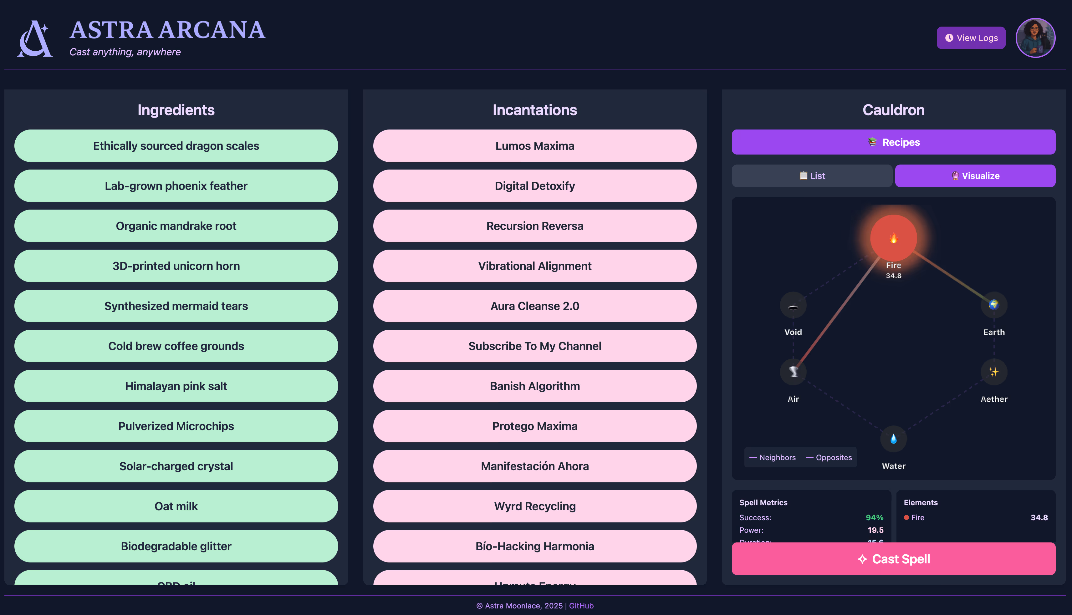 Screenshot of the Astra Arcana app visualizing a spell